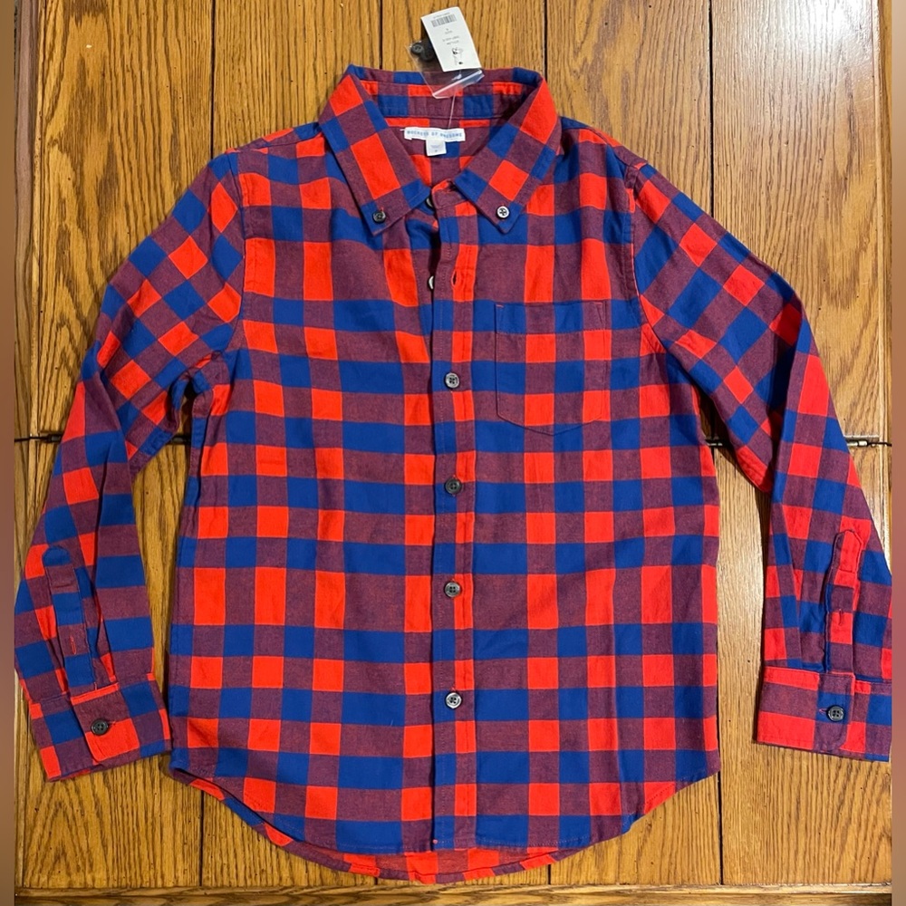 NWT Boys, Rockets of Awesome flannel button down shirt, size 8, red/blue plaid